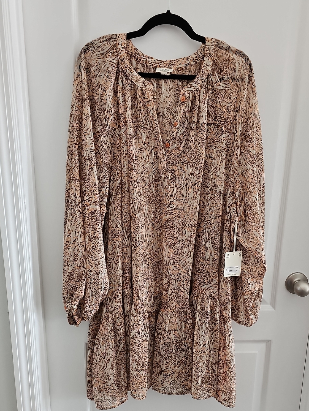 a.n.a Sexy Tan/Brown Printed Long Sleeve, Semi-Sheer Tiered Boho Shirt/Dress.